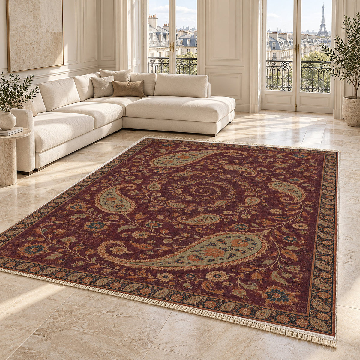 Boteh Wind Spiral Mulberry & Celadon washable rug angled room view on marble