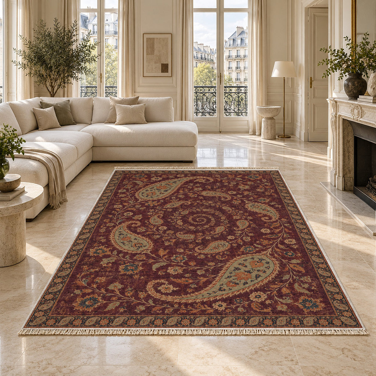 Boteh Wind Spiral Mulberry & Celadon washable rug on a marble floor
