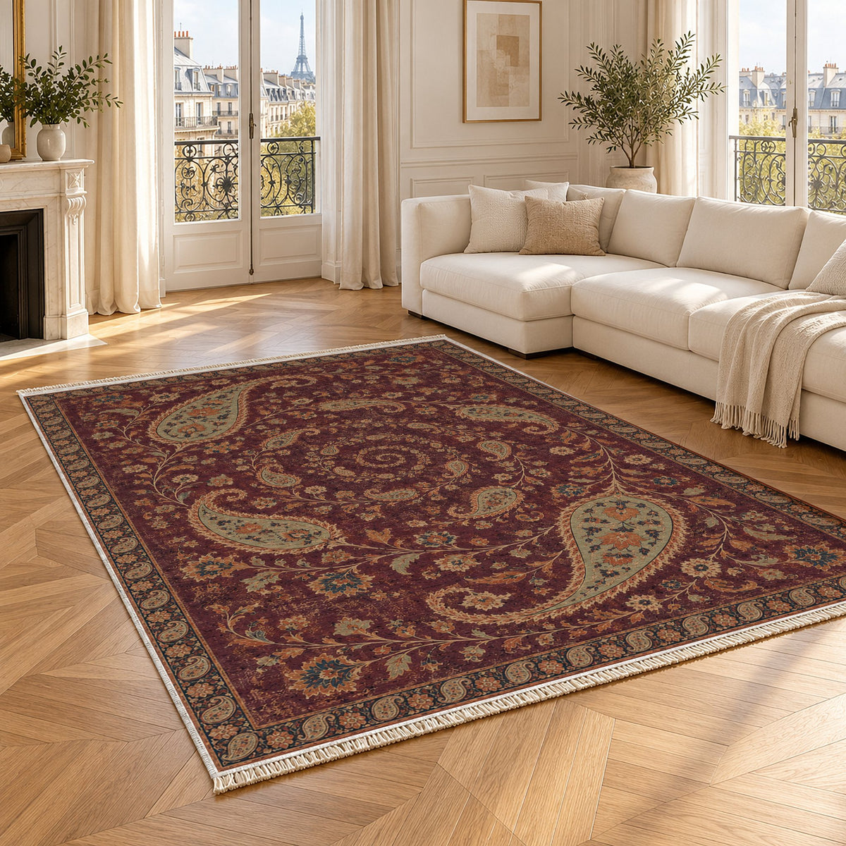 Boteh Wind Spiral Mulberry & Celadon washable rug angled room view