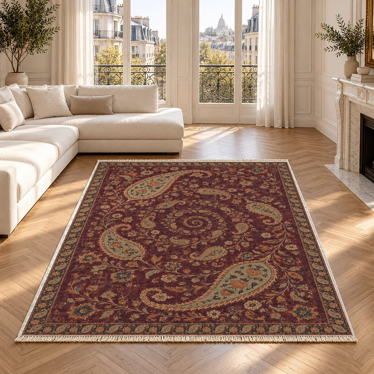 Boteh Wind Spiral Mulberry & Celadon washable rug in a Paris living room