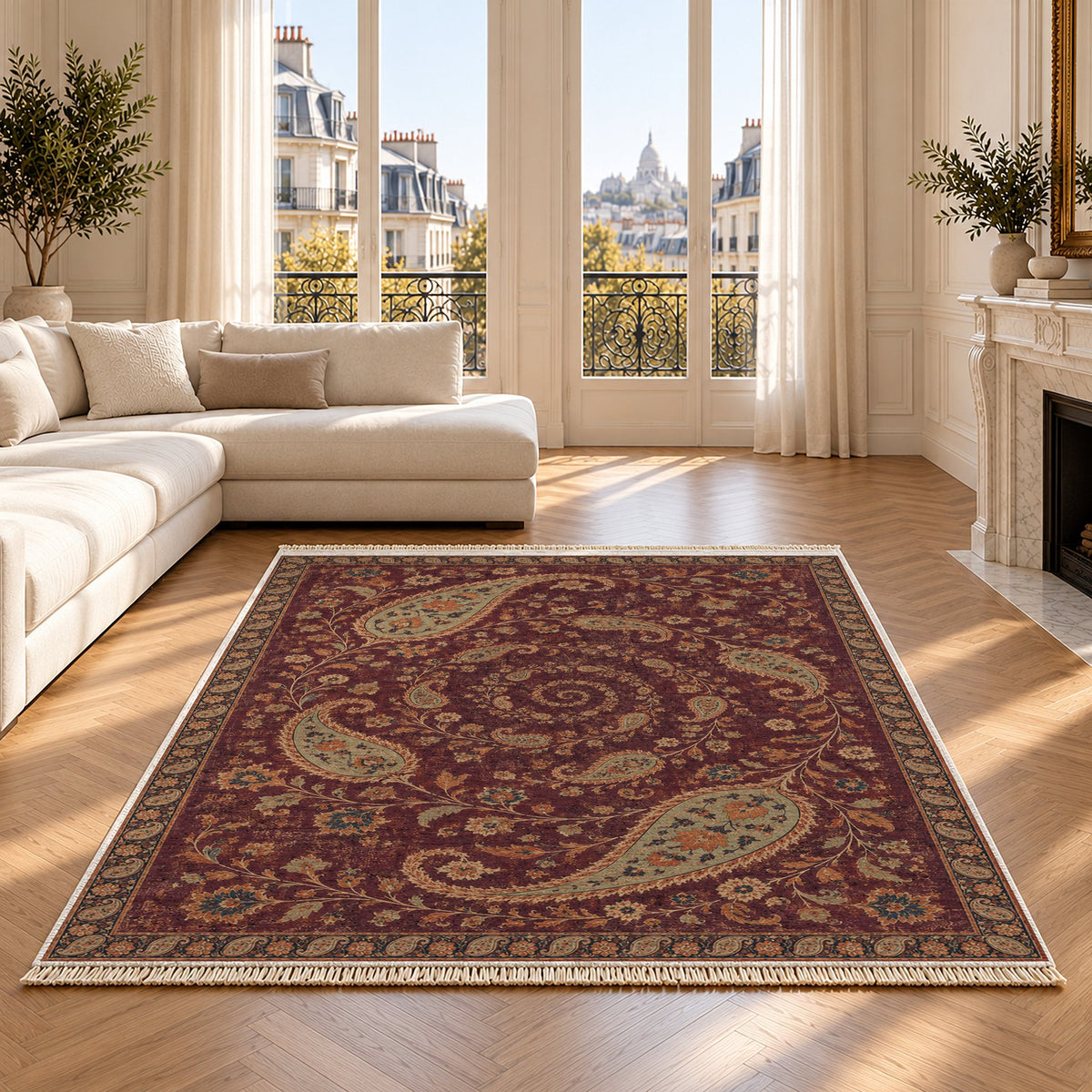 Boteh Wind Spiral Mulberry & Celadon washable rug on an oak floor