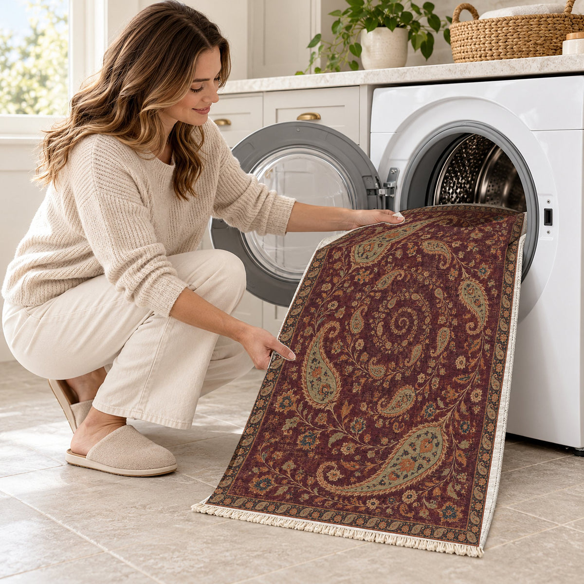 Boteh Wind Spiral Mulberry & Celadon washable rug being loaded into a washing machine
