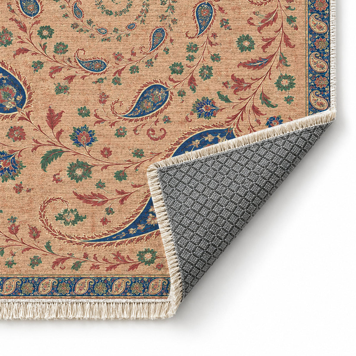 Boteh Wind Spiral Peach, Cobalt & Jade washable rug folded corner showing the backing