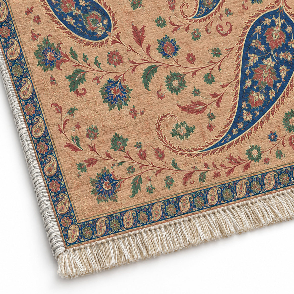 Boteh Wind Spiral Peach, Cobalt & Jade washable rug close-up of the printed chenille