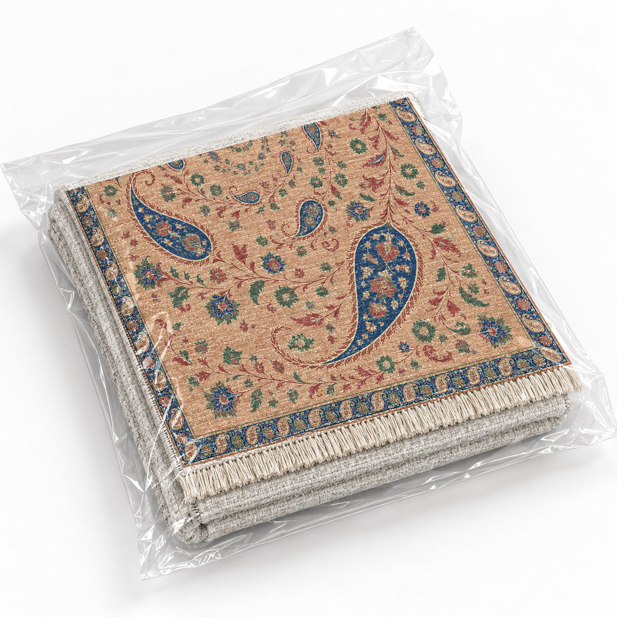 Boteh Wind Spiral Peach, Cobalt & Jade washable rug rolled and packaged