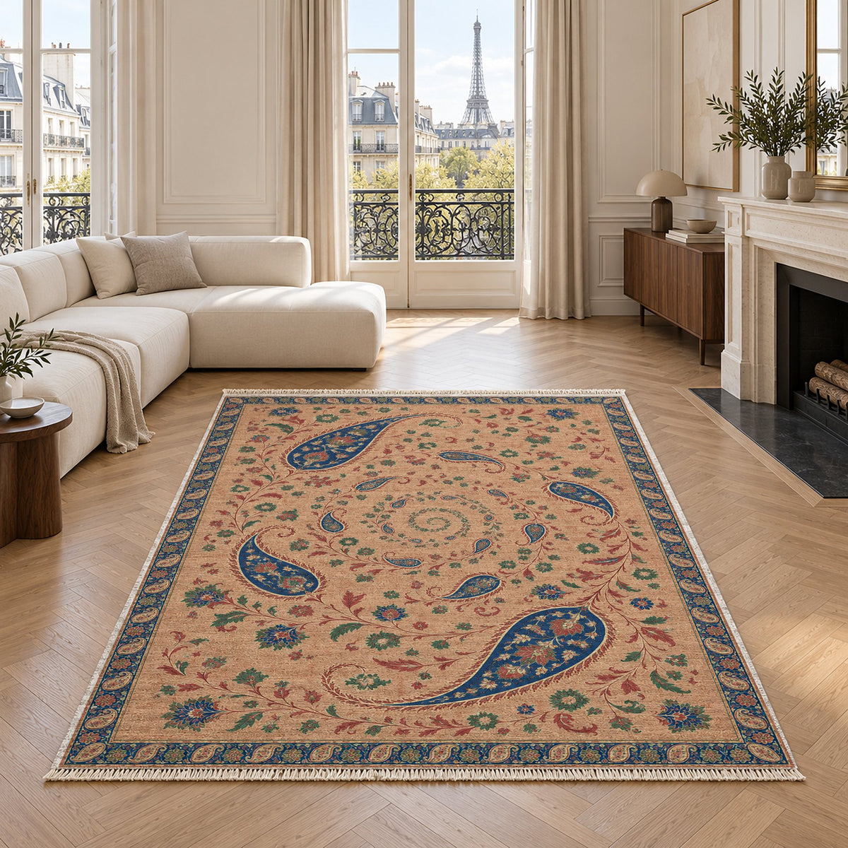 Boteh Wind Spiral Peach, Cobalt & Jade washable rug in a living room with an Eiffel Tower view