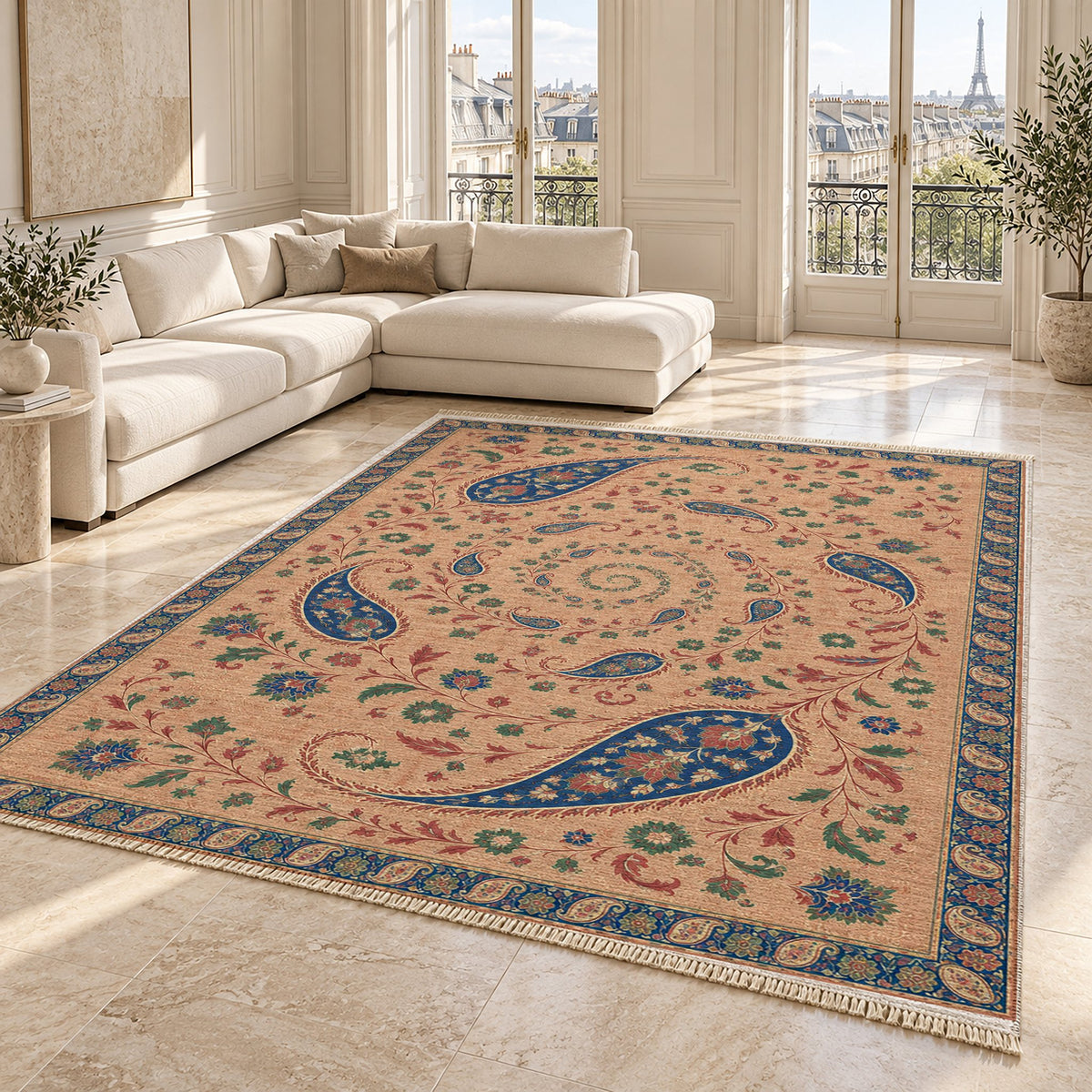 Boteh Wind Spiral Peach, Cobalt & Jade washable rug angled room view on marble