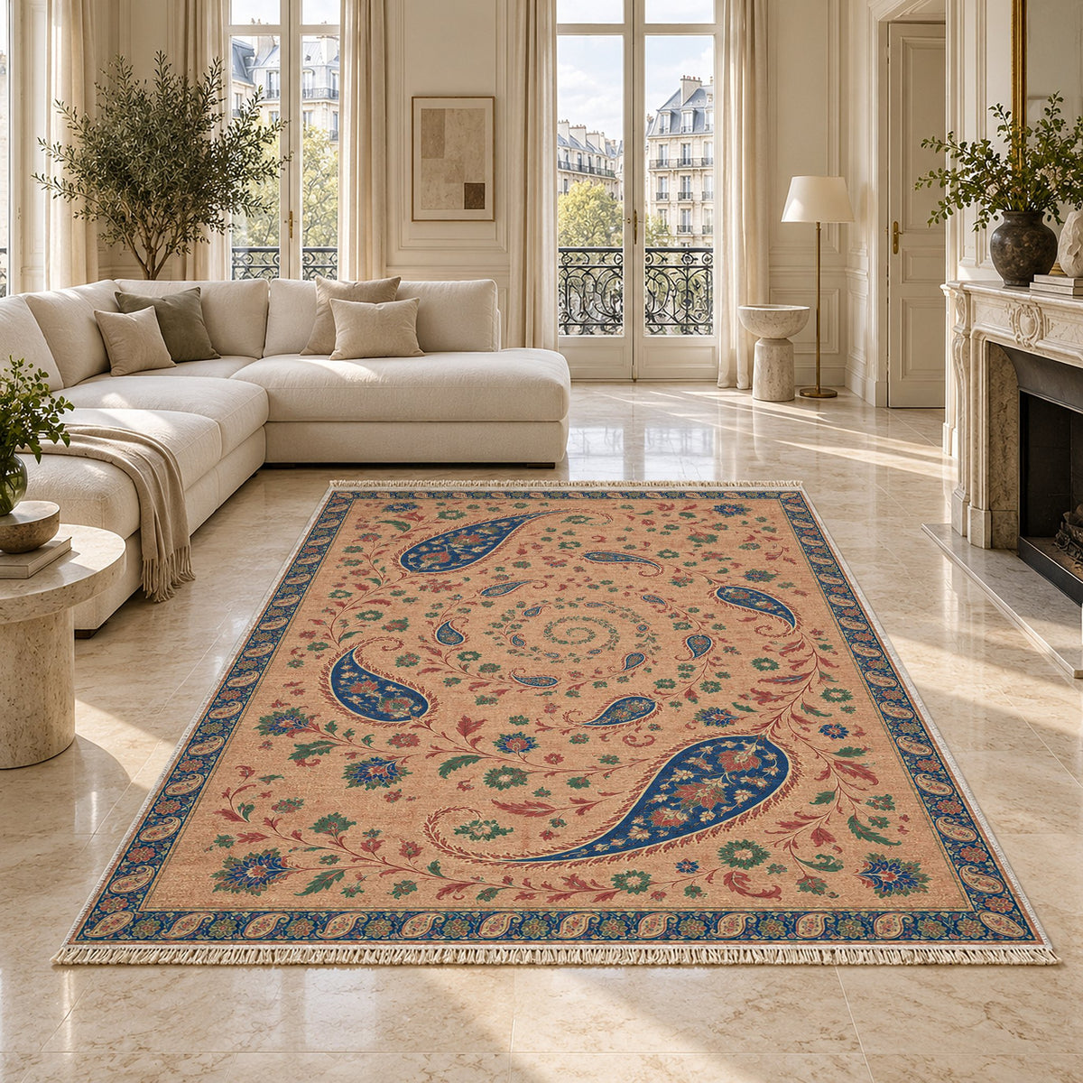 Boteh Wind Spiral Peach, Cobalt & Jade washable rug on a marble floor
