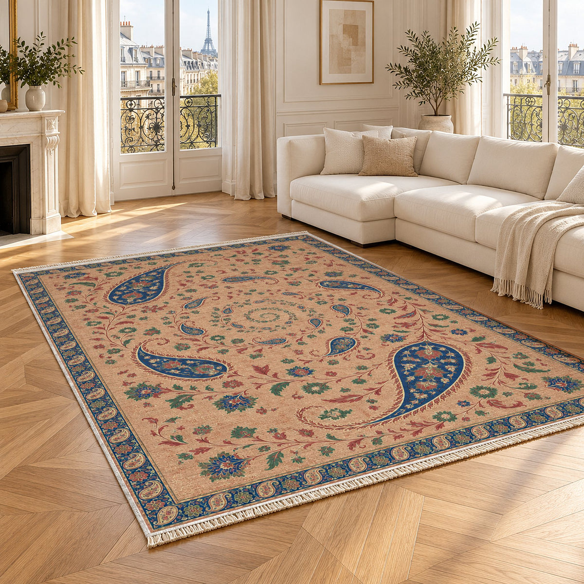 Boteh Wind Spiral Peach, Cobalt & Jade washable rug angled room view