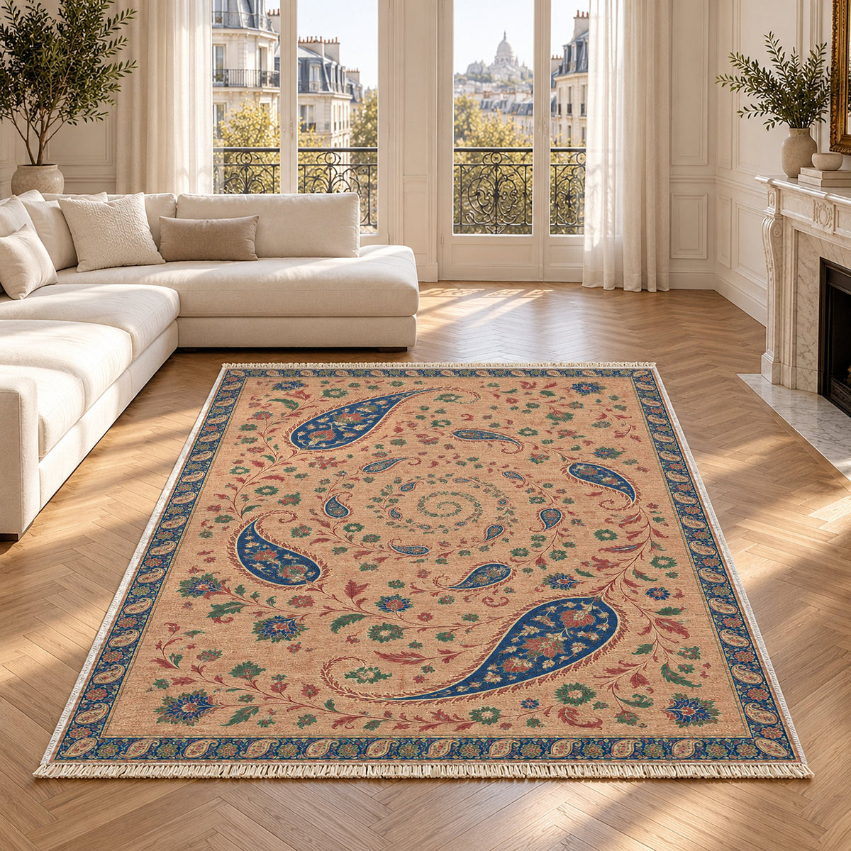 Boteh Wind Spiral Peach, Cobalt & Jade washable rug in a Paris living room