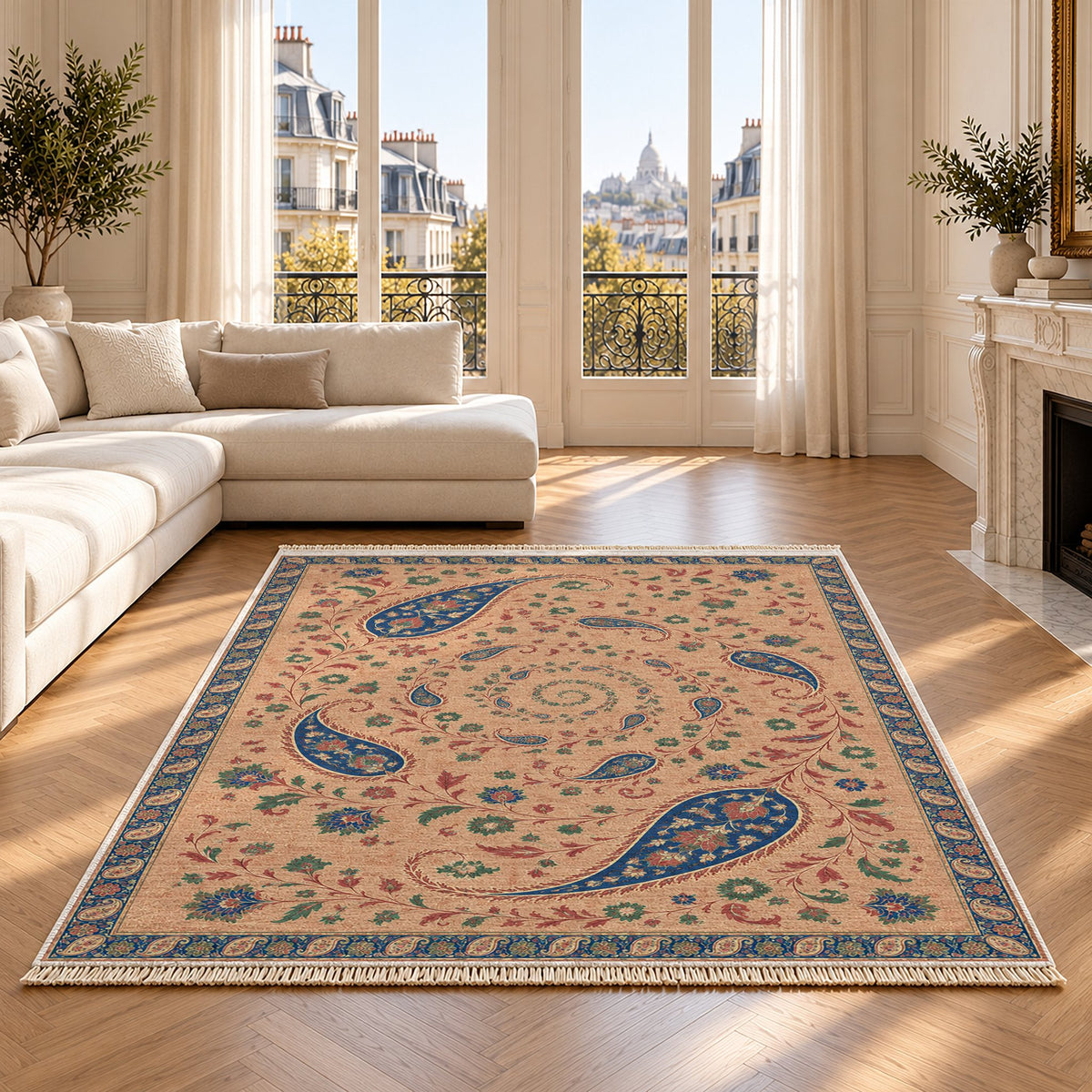 Boteh Wind Spiral Peach, Cobalt & Jade washable rug on an oak floor