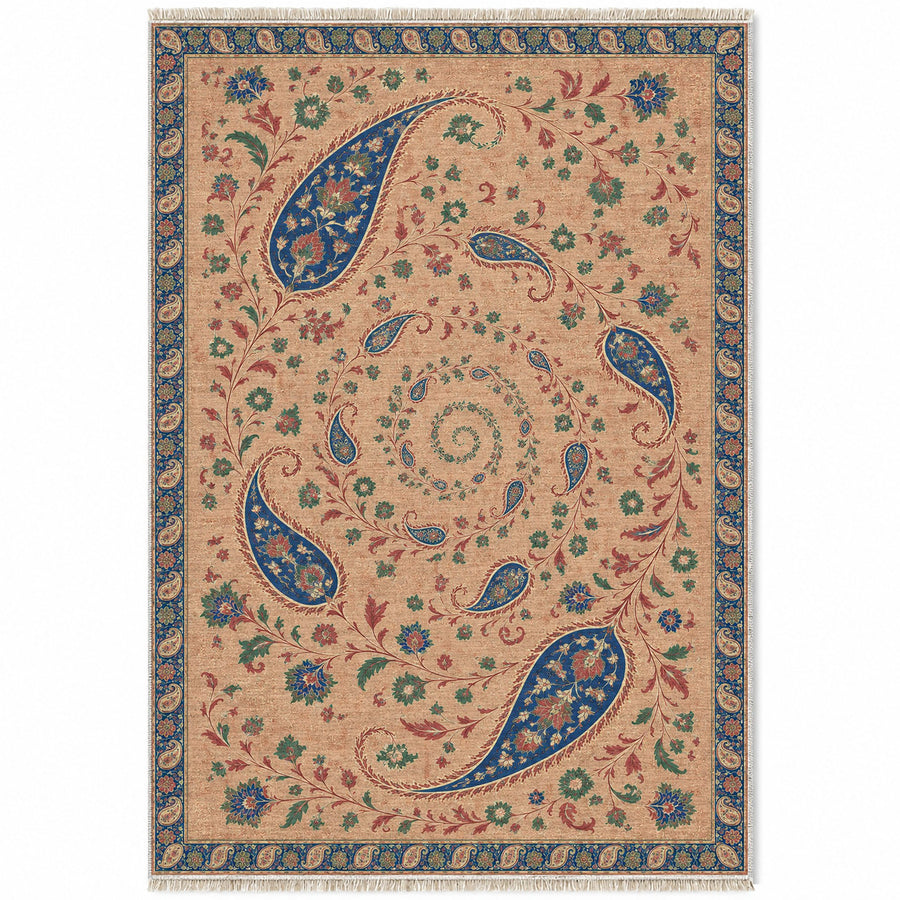 Boteh Wind Spiral Peach, Cobalt & Jade Distressed Washable Rug