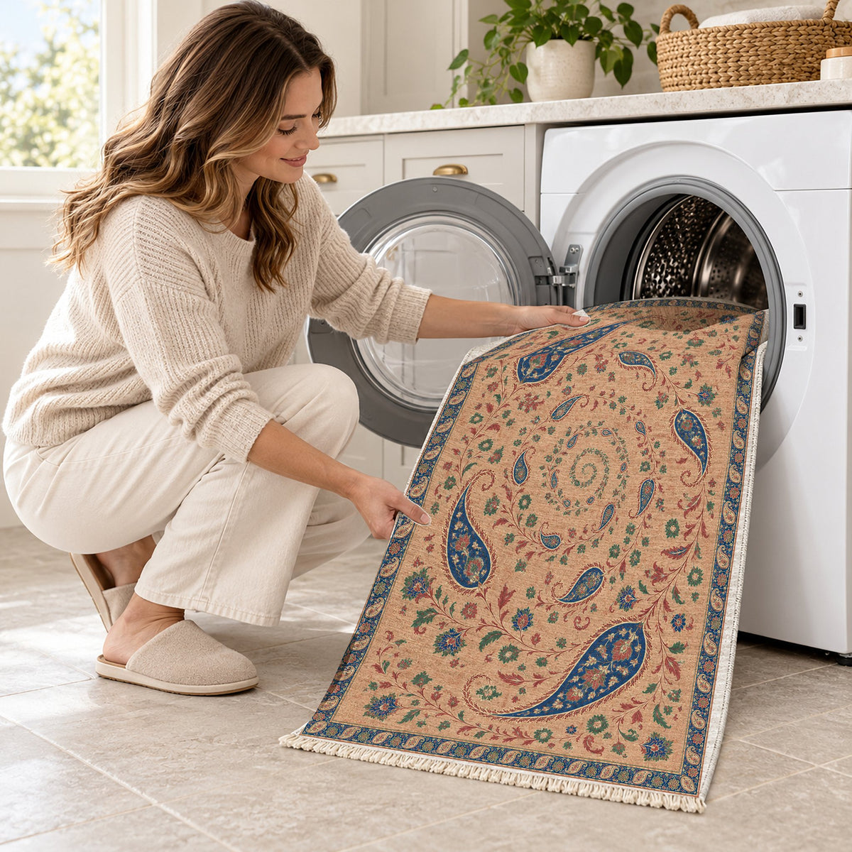 Boteh Wind Spiral Peach, Cobalt & Jade washable rug being loaded into a washing machine