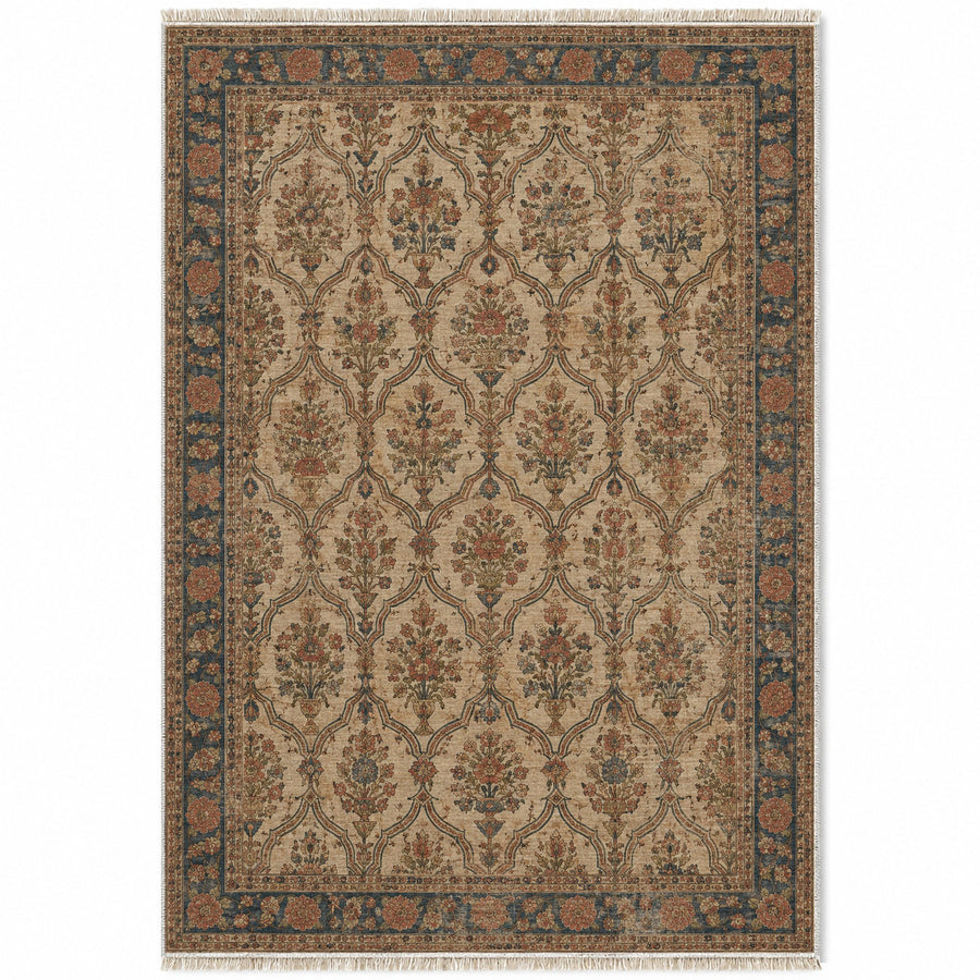 Bouquet Cartouches Brown & Beige Caucasian Washable Rug
