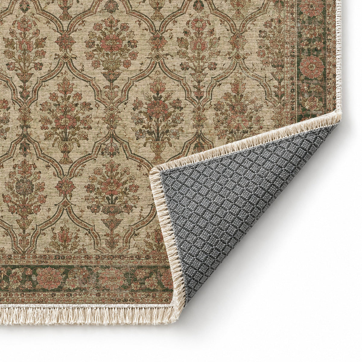 Bouquet Cartouches Clay & Sage washable rug folded corner showing the backing