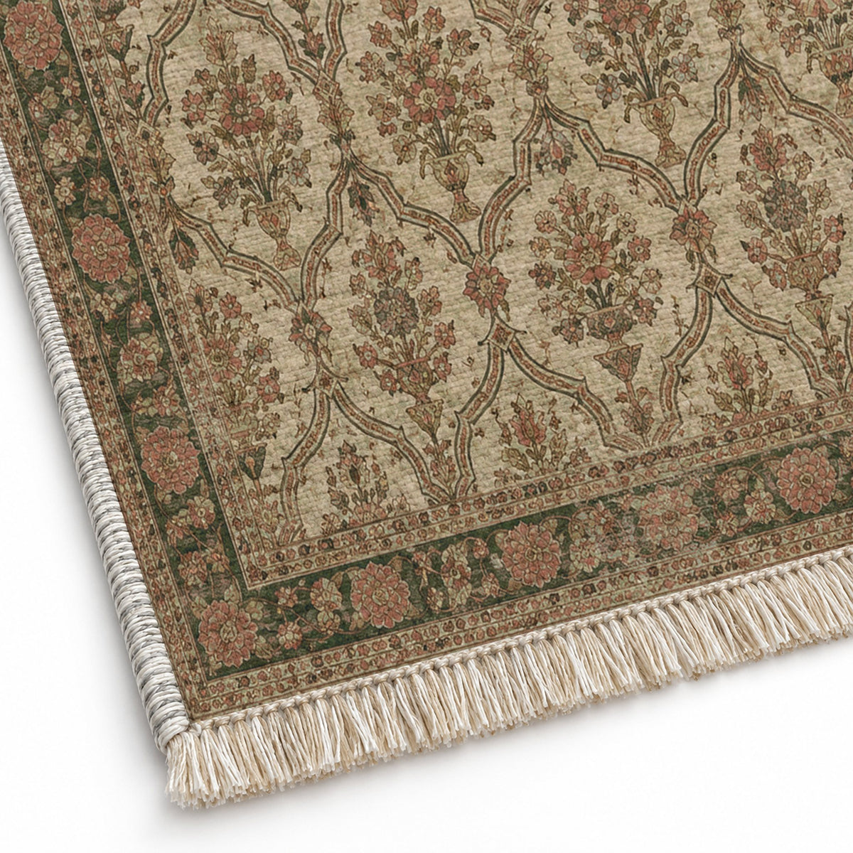 Bouquet Cartouches Clay & Sage washable rug close-up of the printed chenille