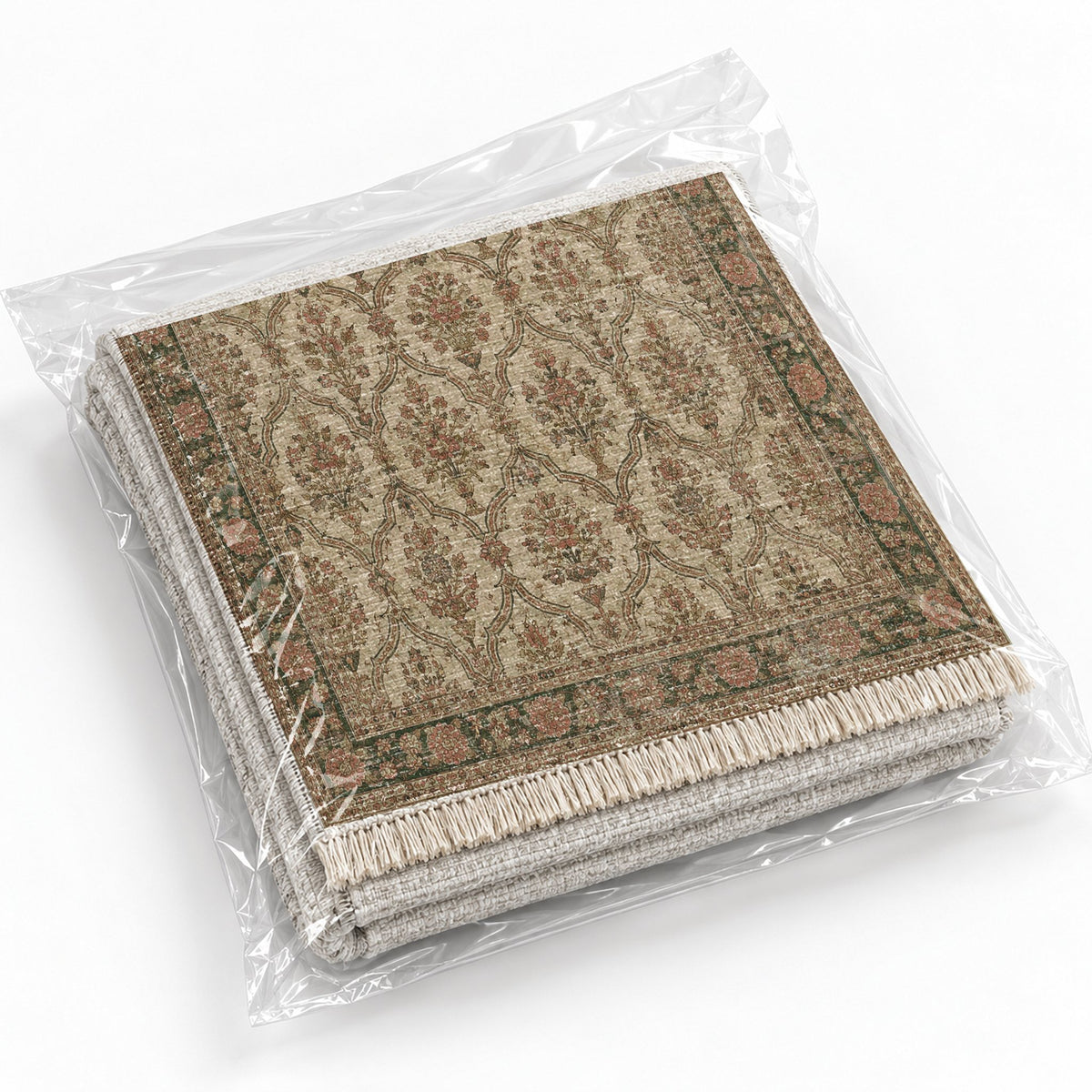 Bouquet Cartouches Clay & Sage washable rug rolled and packaged