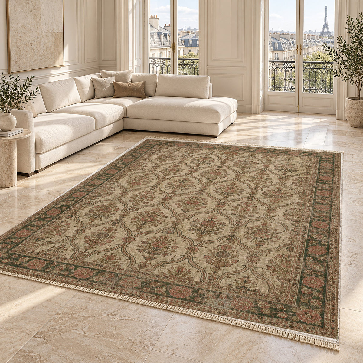 Bouquet Cartouches Clay & Sage washable rug angled room view on marble