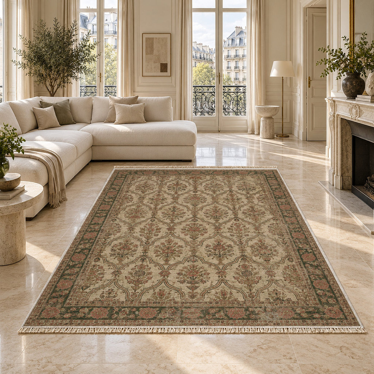 Bouquet Cartouches Clay & Sage washable rug on a marble floor