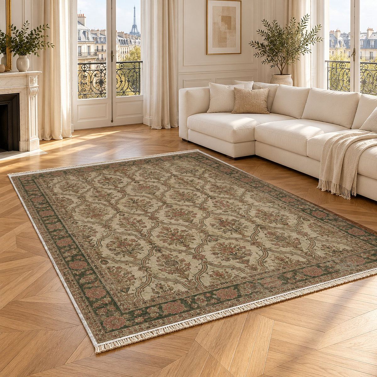 Bouquet Cartouches Clay & Sage washable rug angled room view