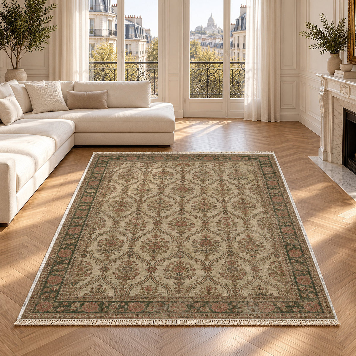 Bouquet Cartouches Clay & Sage washable rug in a Paris living room