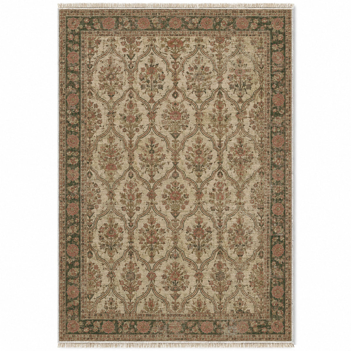 Bouquet Cartouches Clay & Sage washable rug top view