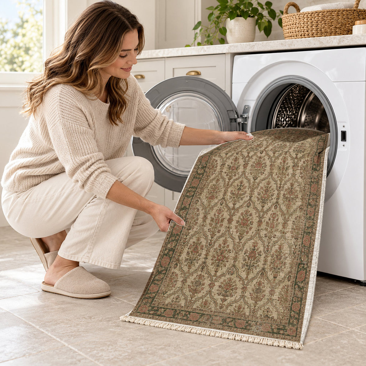 Bouquet Cartouches Clay & Sage washable rug being loaded into a washing machine