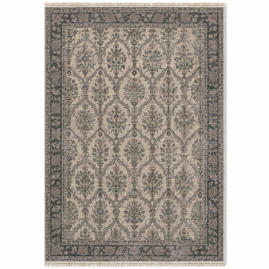 Bouquet Cartouches Graphite & Linen Caucasian Washable Rug