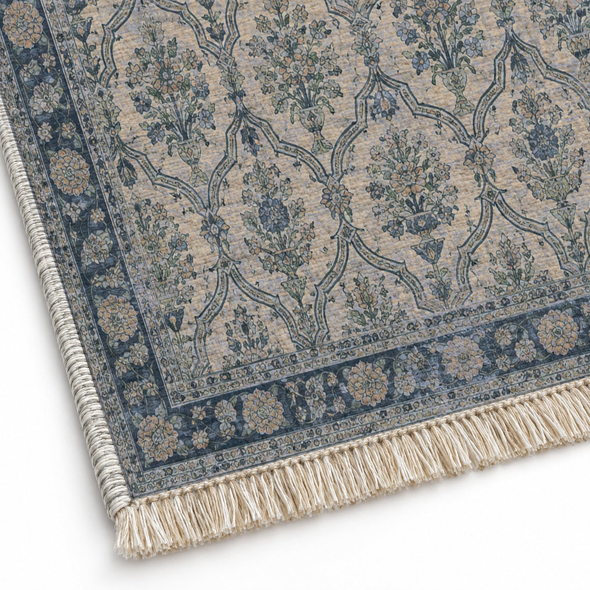 Bouquet Cartouches Mineral Blue washable rug close-up of the printed chenille