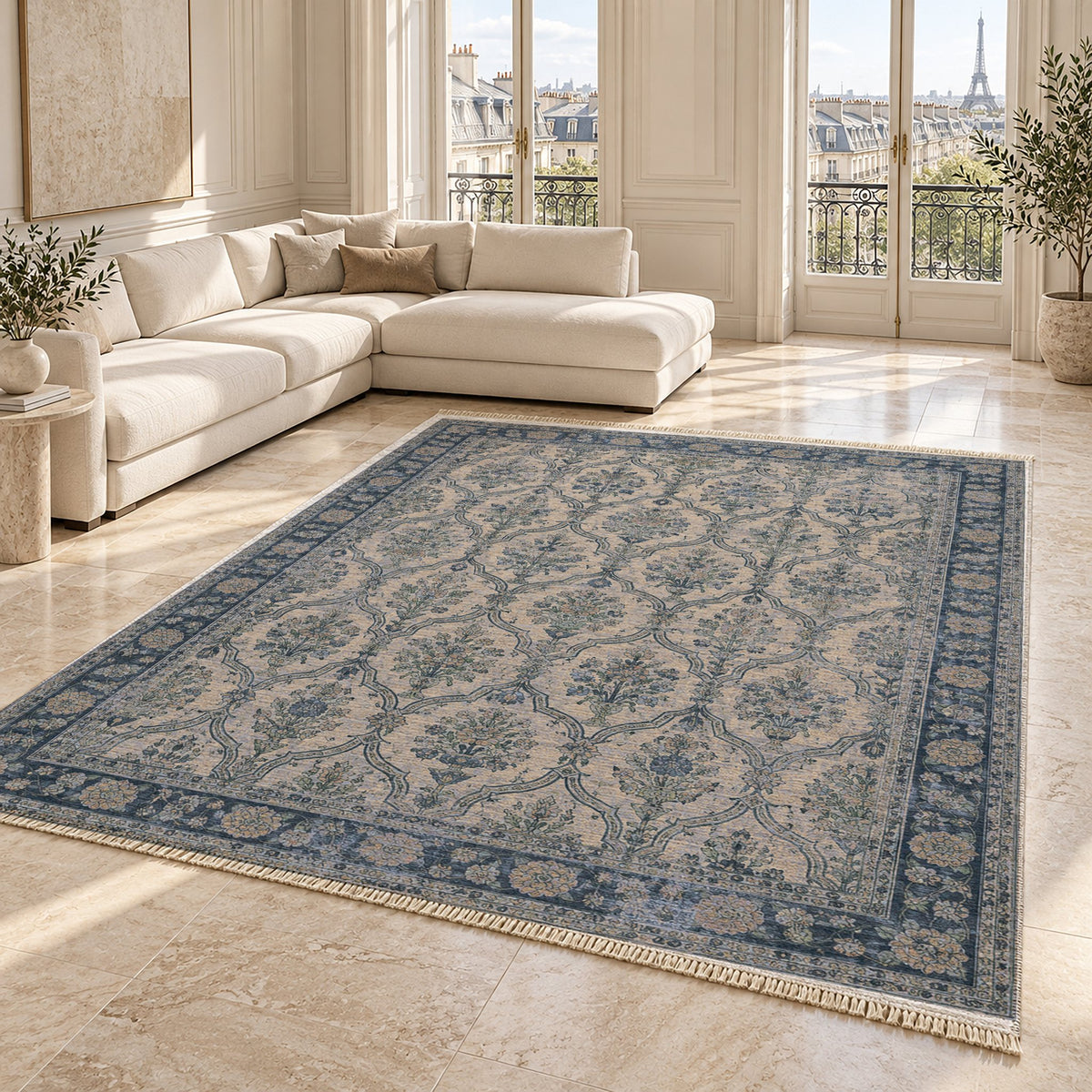 Bouquet Cartouches Mineral Blue washable rug angled room view on marble