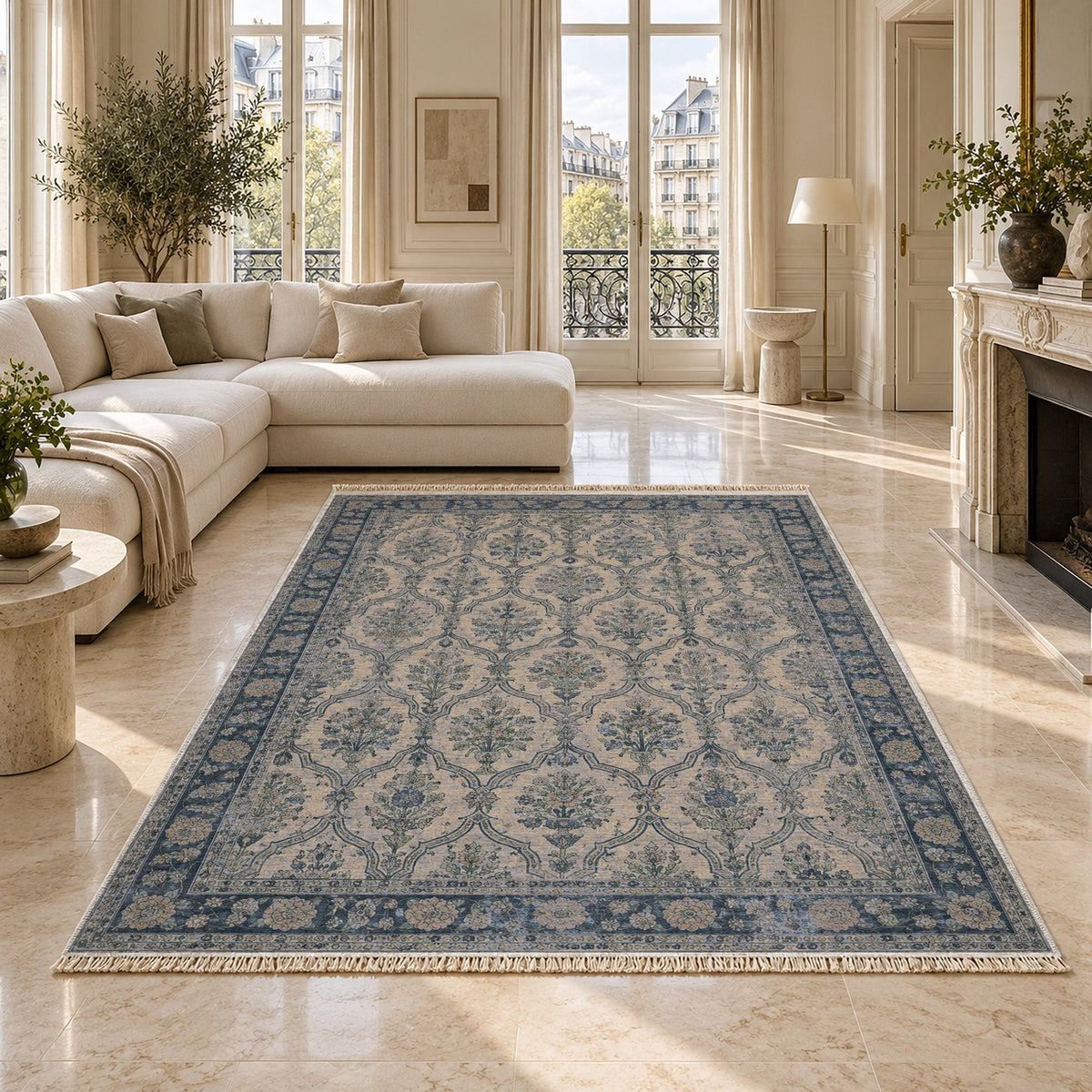 Bouquet Cartouches Mineral Blue washable rug on a marble floor