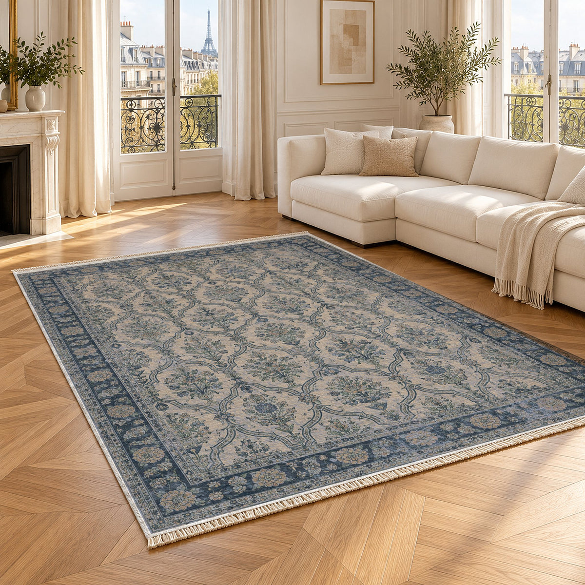 Bouquet Cartouches Mineral Blue washable rug angled room view