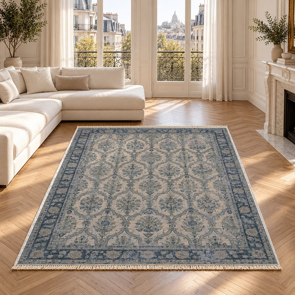Bouquet Cartouches Mineral Blue washable rug in a Paris living room