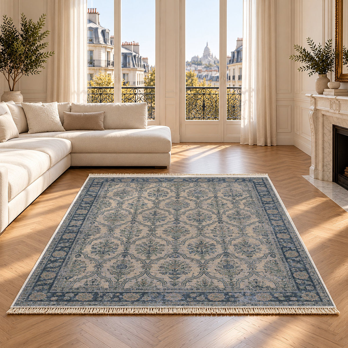 Bouquet Cartouches Mineral Blue washable rug on an oak floor