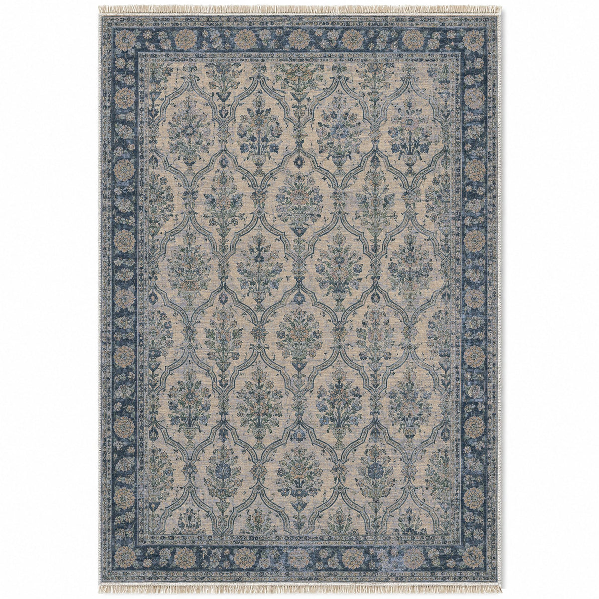 Bouquet Cartouches Mineral Blue washable rug top view