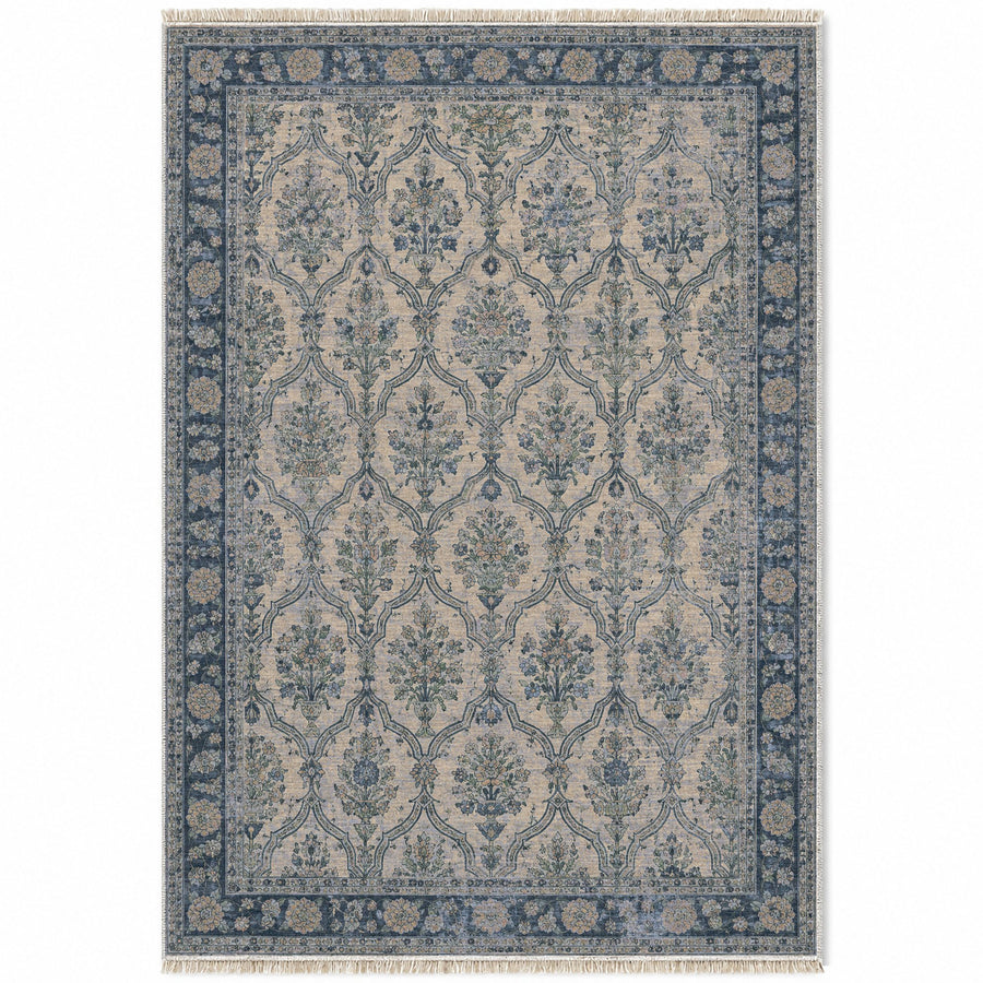 Bouquet Cartouches Mineral Blue Caucasian Washable Rug