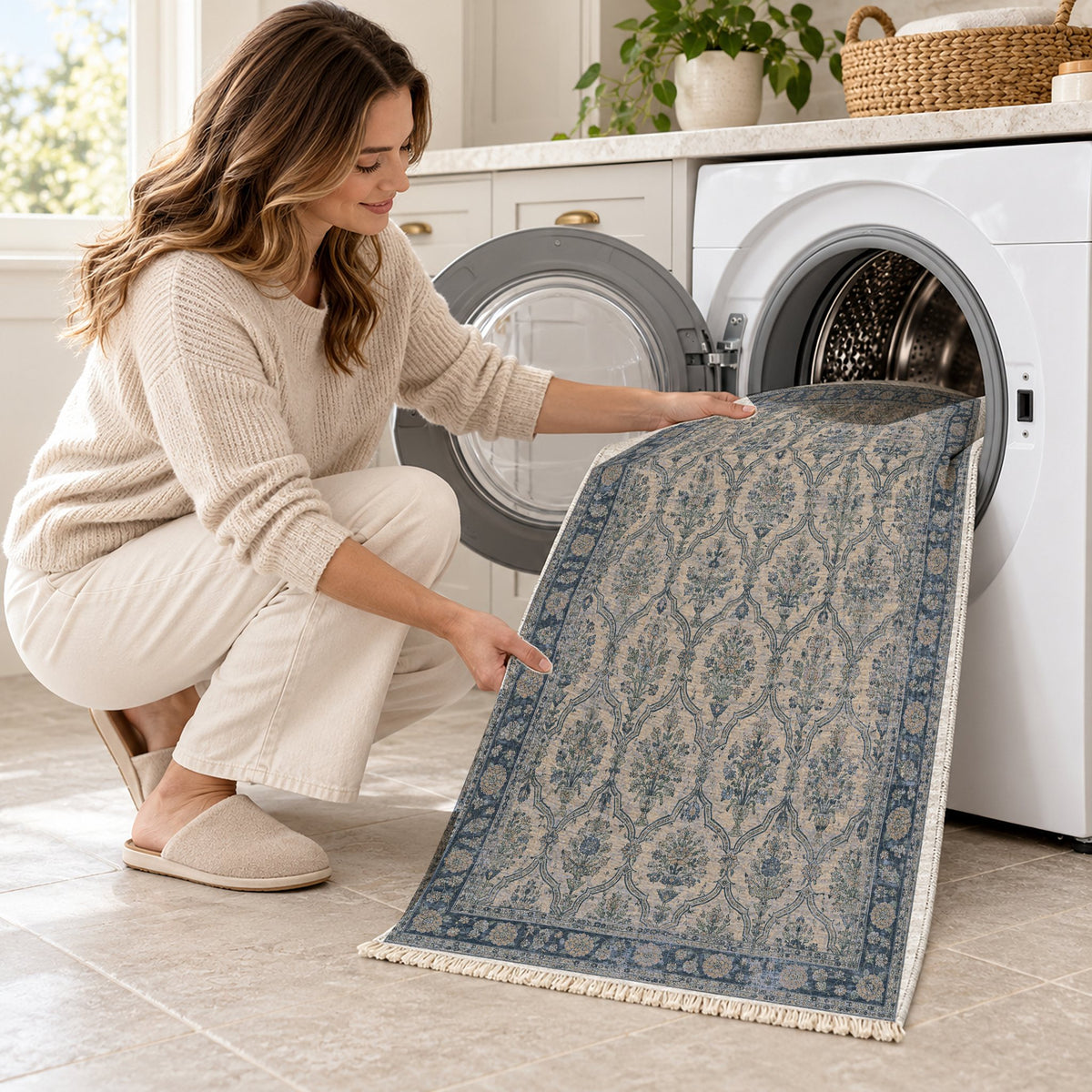 Bouquet Cartouches Mineral Blue washable rug being loaded into a washing machine