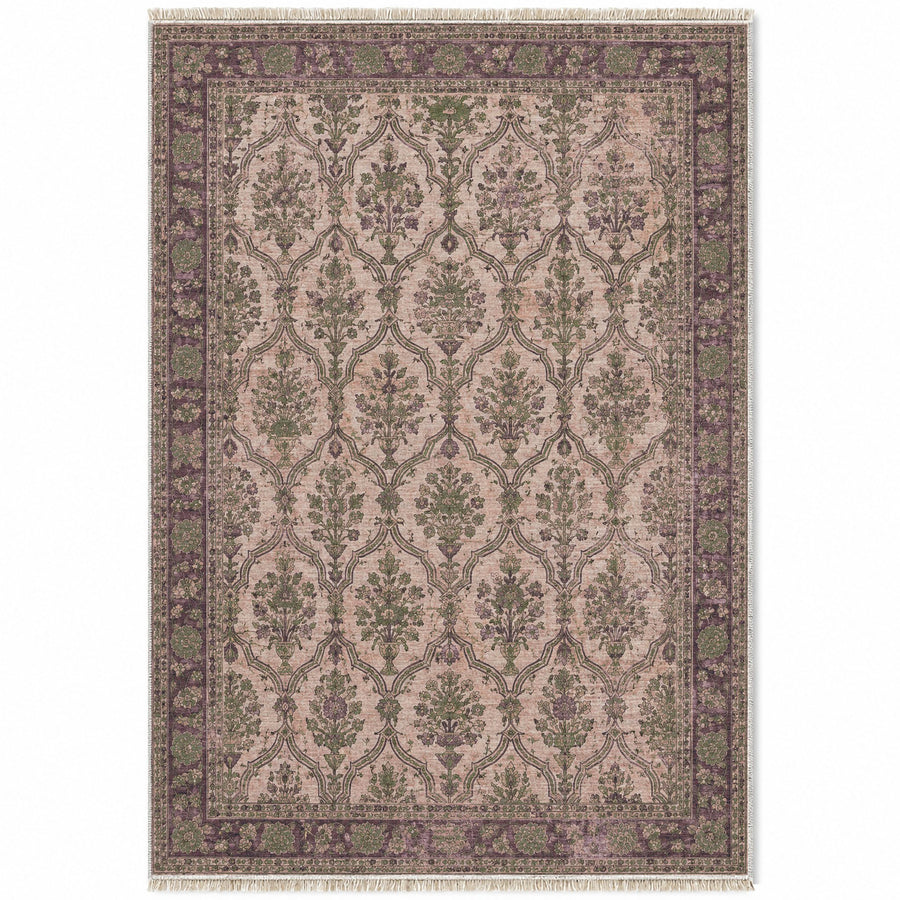 Bouquet Cartouches Rose & Olive Caucasian Washable Rug
