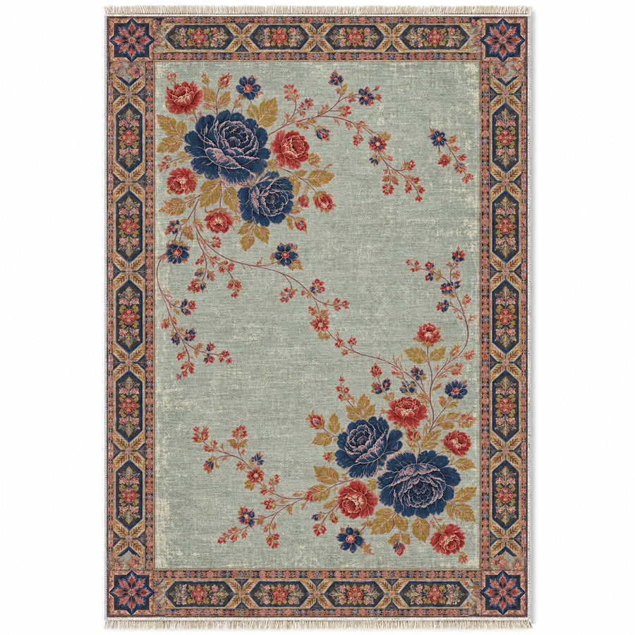 Bouquet Corner Theatre Glacier, Ink & Vermilion Distressed Washable Rug