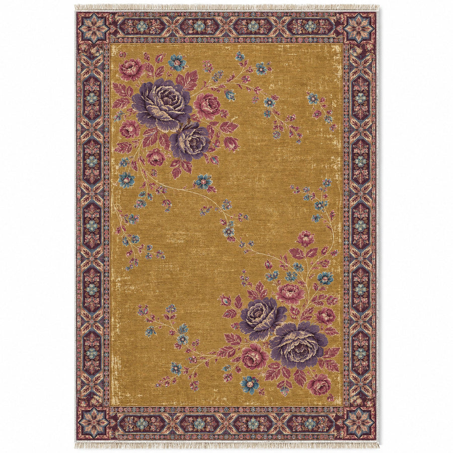 Bouquet Corner Theatre Golden, Plum & Azure Distressed Washable Rug