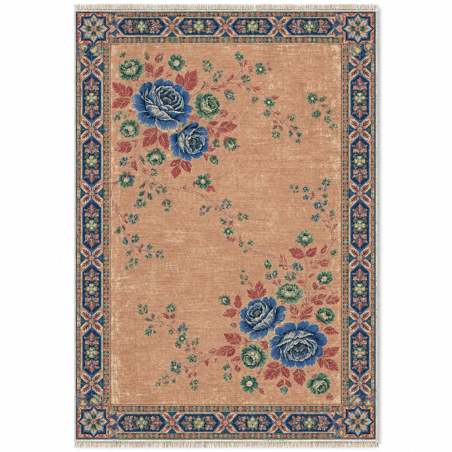Bouquet Corner Theatre Peach, Cobalt & Jade Distressed Washable Rug