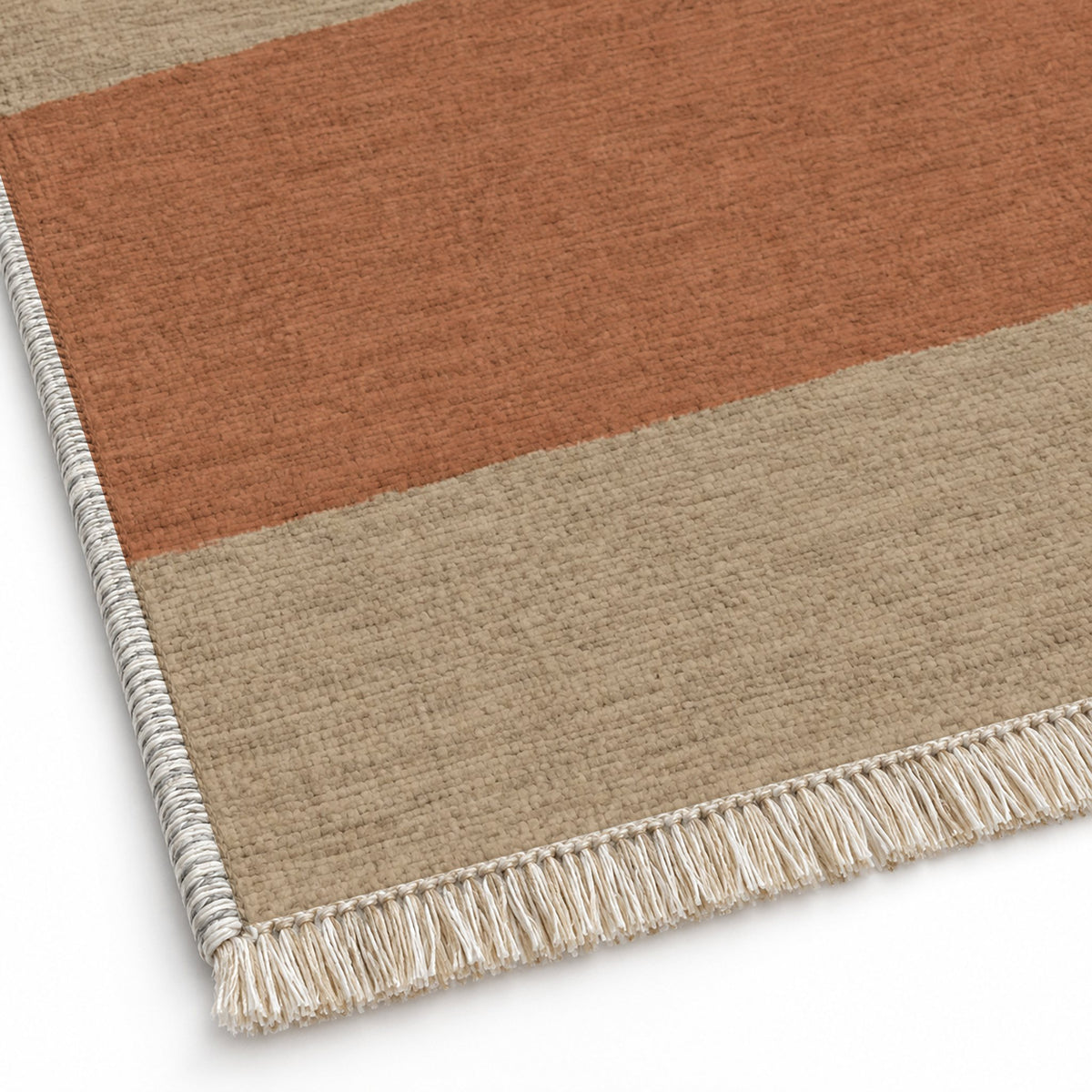 Broad Bands Sand & Rust washable rug close-up of the printed chenille