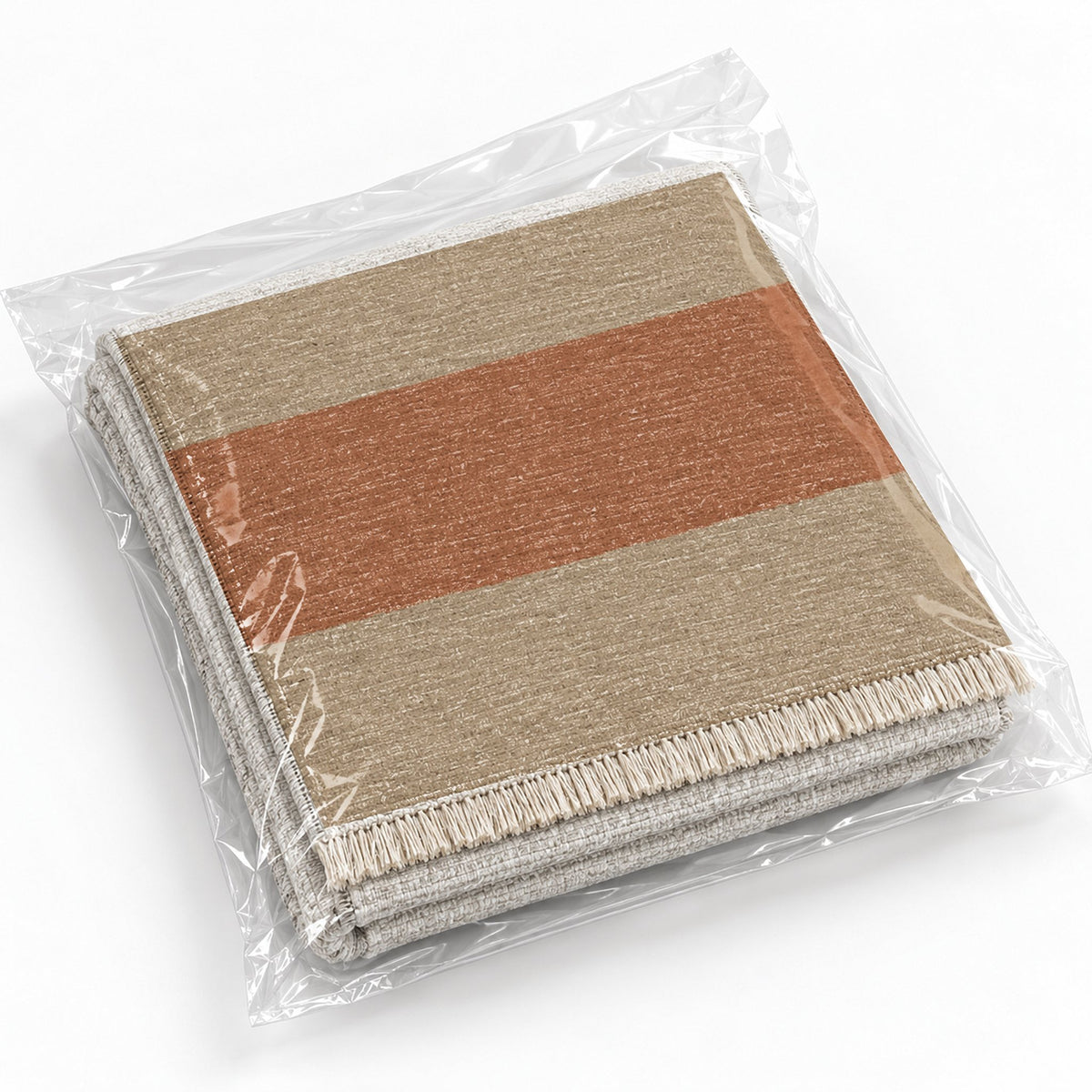 Broad Bands Sand & Rust washable rug rolled and packaged