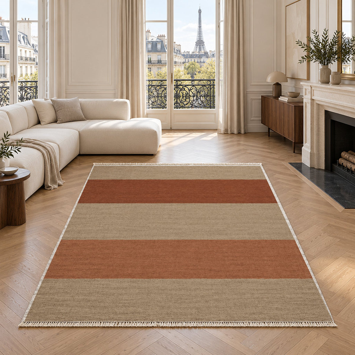 Broad Bands Sand & Rust washable rug in a living room with an Eiffel Tower view