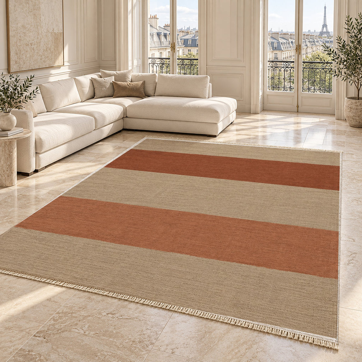 Broad Bands Sand & Rust washable rug angled room view on marble