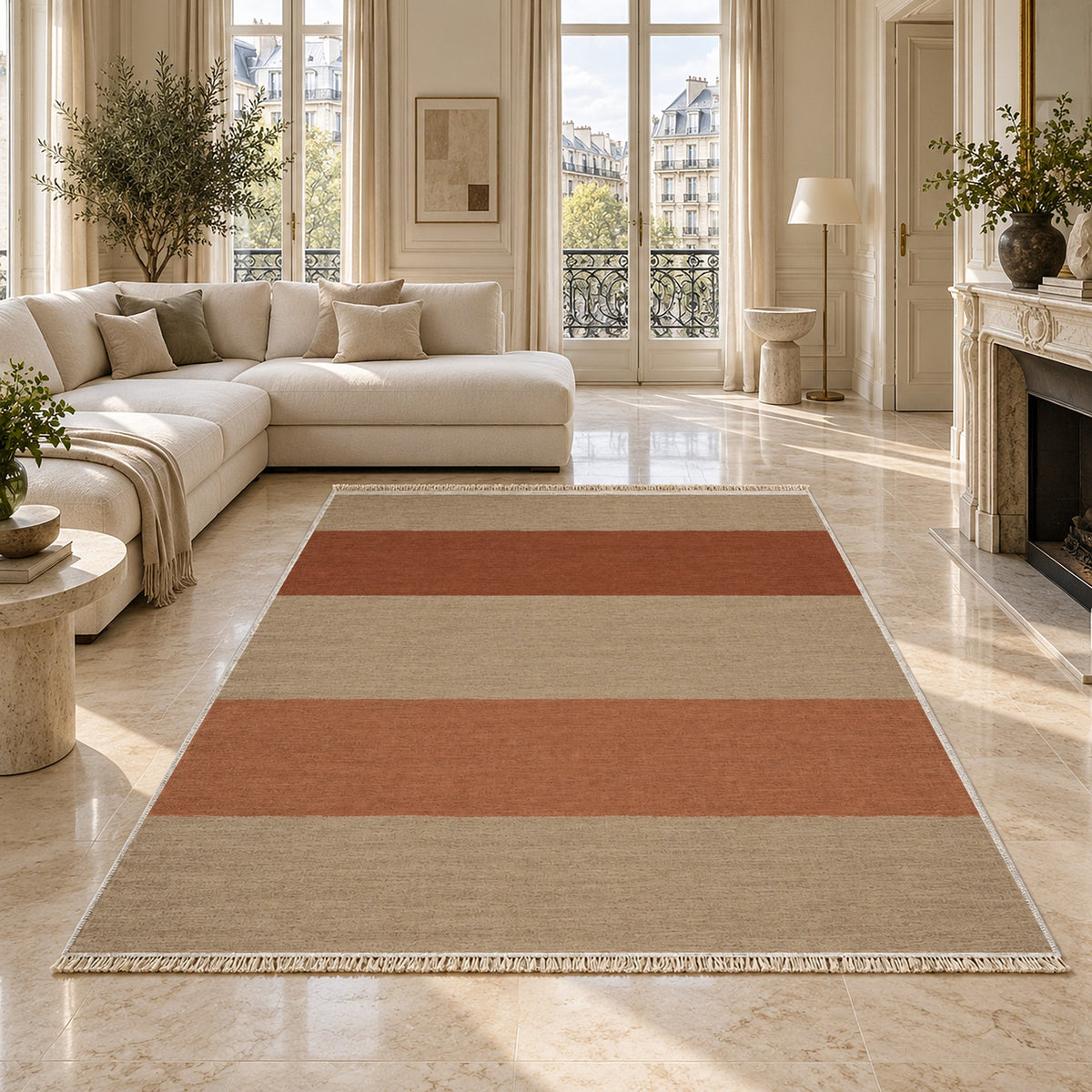 Broad Bands Sand & Rust washable rug on a marble floor