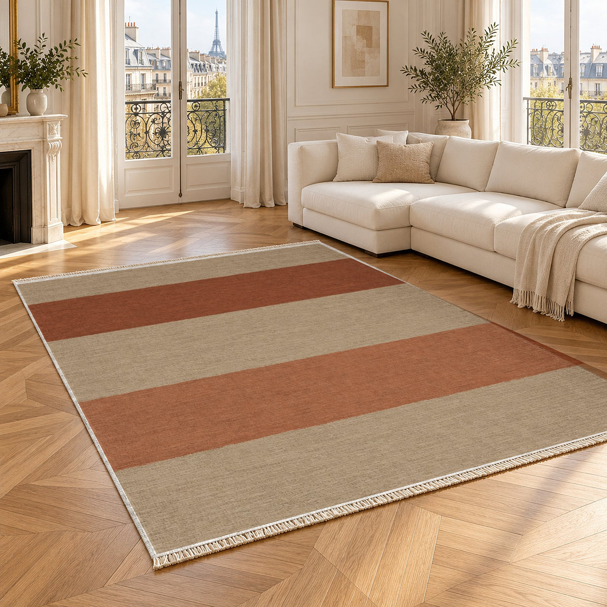 Broad Bands Sand & Rust washable rug angled room view