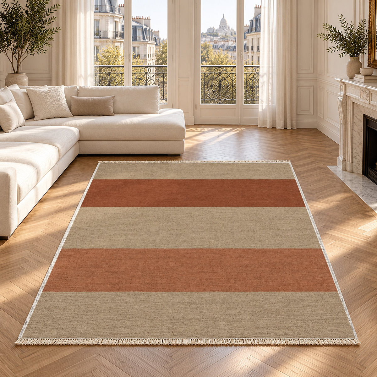 Broad Bands Sand & Rust washable rug in a Paris living room