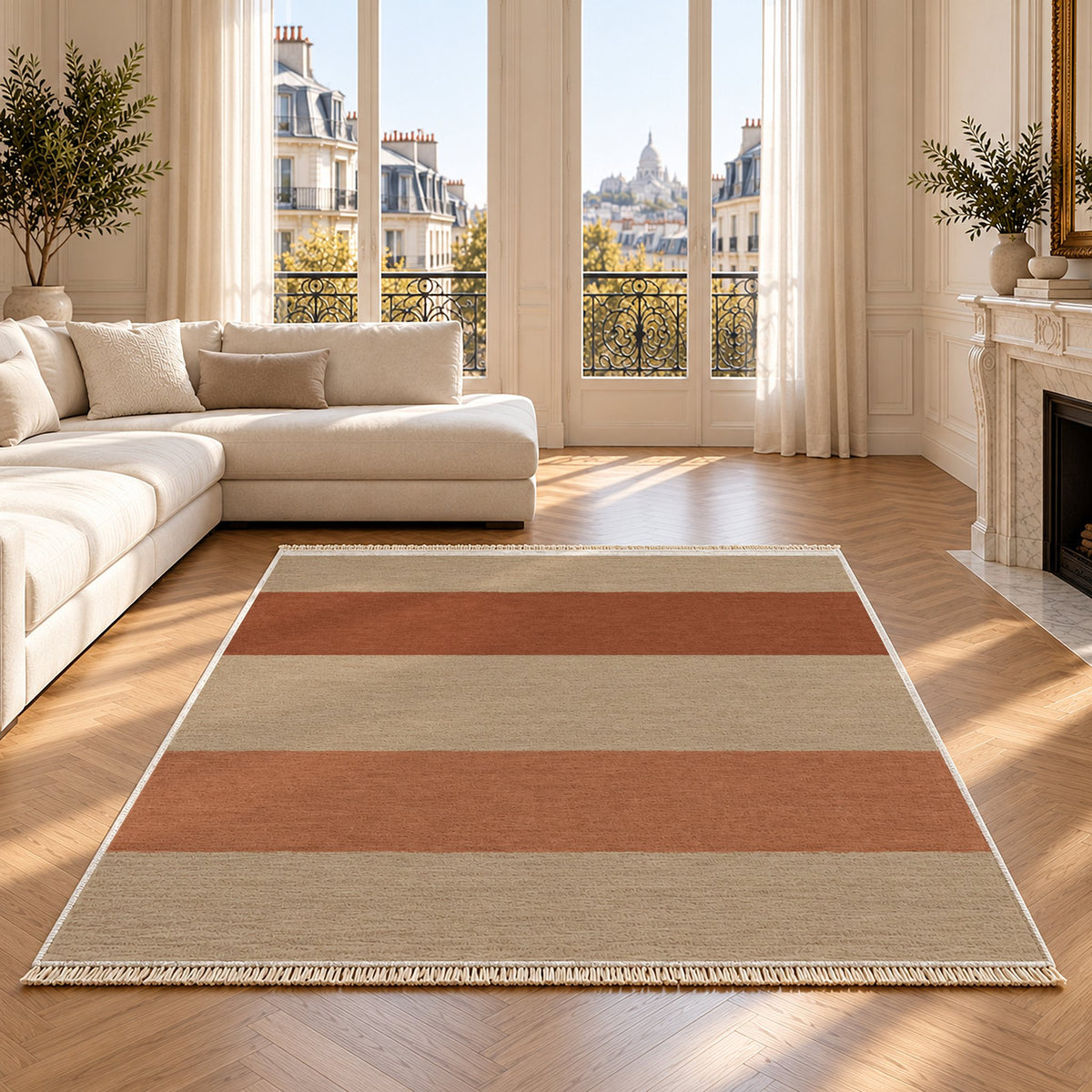 Broad Bands Sand & Rust washable rug on an oak floor