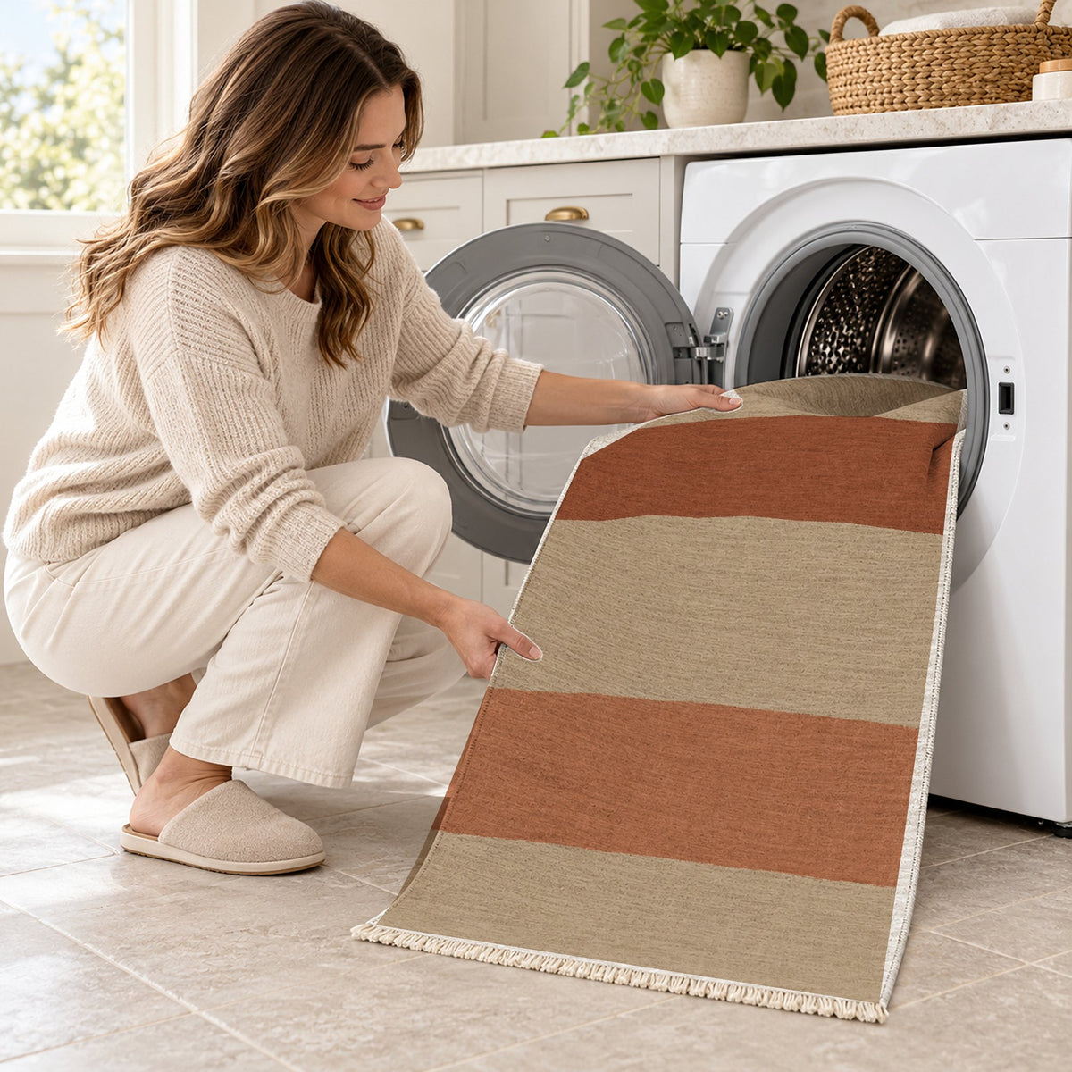 Broad Bands Sand & Rust washable rug being loaded into a washing machine